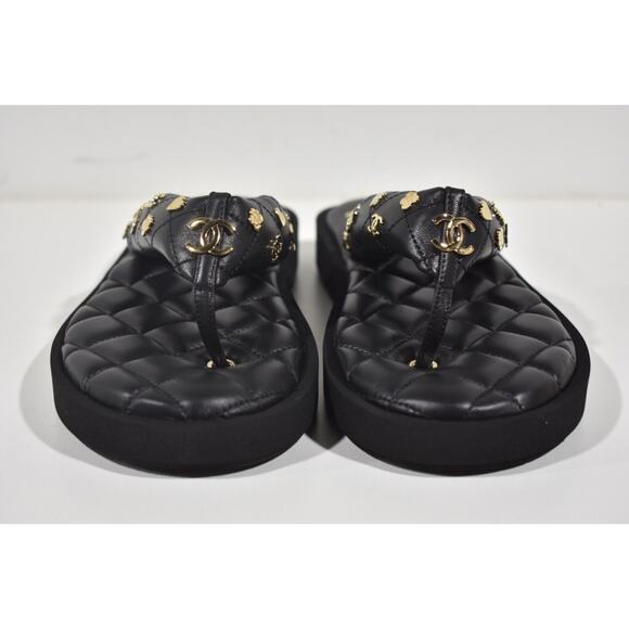 Chanel 23P Black Quilted Charms Padded Pool Thong Logo Slide Flat Sandal 37.5 - Picture 6 of 12